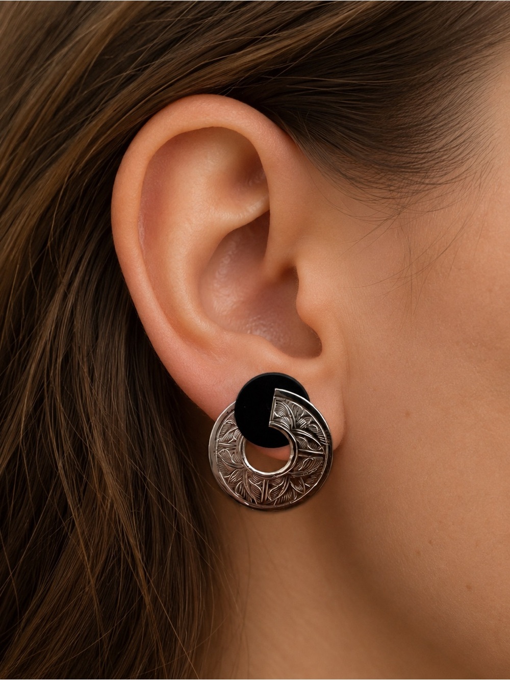 Black and Silver Floral Circle Drop Earrings